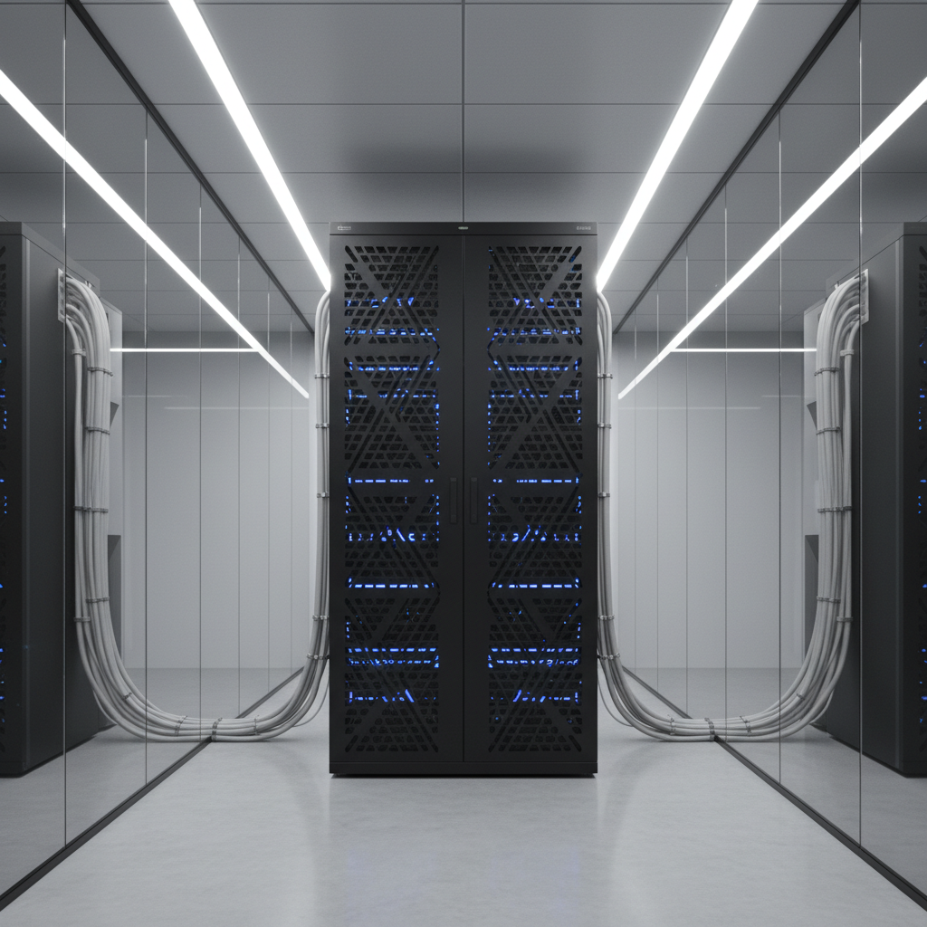 A sophisticated server rack comprising matte black steel panels with precision-cut ventilation slots and glowing blue indicator lights. The rack is set within a spotless, glass-walled server room featuring polished concrete floors and neatly routed cable management in matching neutral hues. Overhead, cool white LED ceiling lights cast crisp, even illumination, highlighting the architectural forms and casting gentle, controlled reflections on the glass walls. Captured at an eye-level perspective, the image’s composition is balanced and symmetrical, conveying a sense of reliability and order. The atmosphere is quiet, advanced, and highly professional, adhering to a photographic, clean, and corporate style that communicates technological excellence.