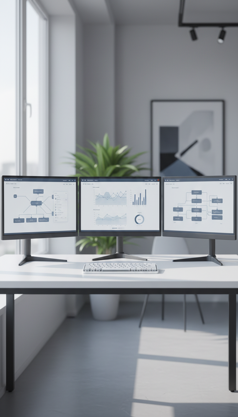 A collection of elegant, minimalistic software interface mockups displayed seamlessly across three frameless monitors with a matte finish, each showing interconnected diagrams, graphs, and dashboards in subtle blue-gray tones. The monitors sit atop an immaculate white desk with a smooth surface and a precision-crafted, low-profile keyboard. Natural midday light from a large window creates soft, indirect illumination, casting faint shadows that define the simple geometry of the workspace. The image is shot from a direct, centered angle for a symmetrical, harmonized composition, with a moderate depth of field keeping all elements crisp and detailed. The mood is focused and forward-thinking, with a refined, structured corporate aesthetic that supports the site’s software development focus.