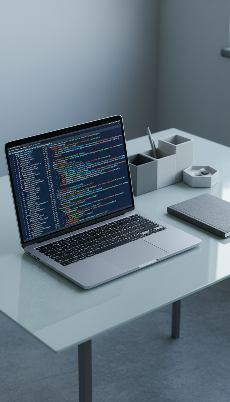 A sleek, high-performance laptop with a brushed aluminum finish, its screen displaying complex lines of colorful code on a deep navy background. The laptop rests on a minimalist glass desk, with a single closed notebook beside it and an organized array of small, geometric desk organizers in neutral grays. Cool, diffused morning light filters in from an unseen window, creating subtle highlights on the desk surface and a gentle gradient across the laptop’s metal casing. The scene is captured from a slightly elevated angle, following the rule of thirds, with sharp focus throughout to emphasize workspace clarity. The mood is professional, structured, and efficient, emphasizing clean lines and a modern corporate aesthetic that aligns with top-tier software development environments.